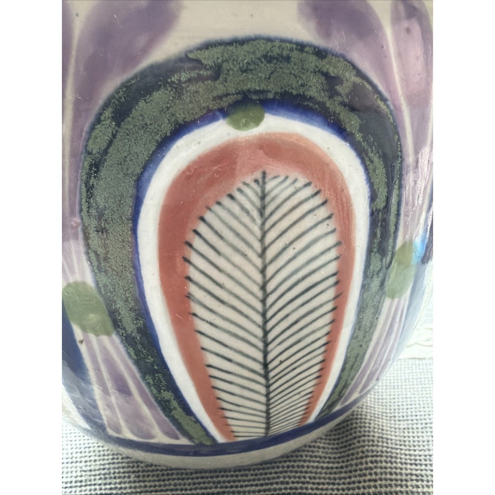 Erandi Tonala Mexico Vintage Vase Ginger Jar Feather Floral Pottery 9 1/2" - Picture 3 of 4